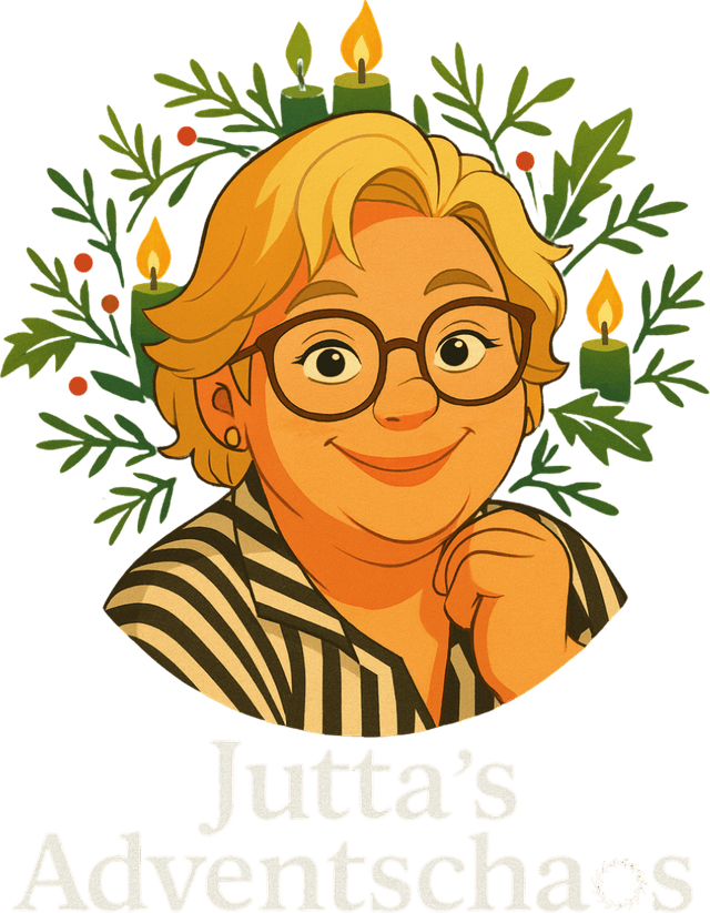 Logo: Jutta’s Adventschaos – gezeichnetes Porträt von Jutta mit Adventskerzen und Tannenzweigen
